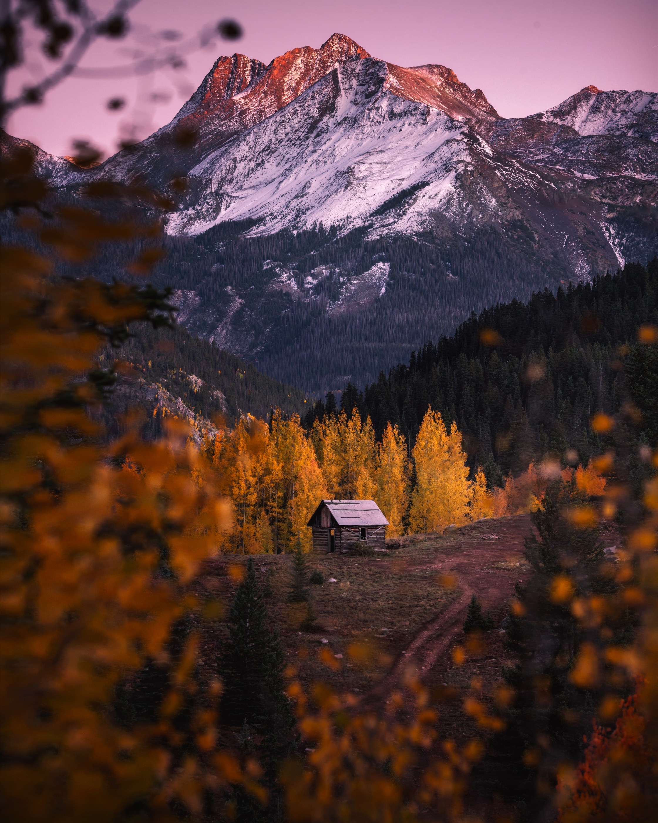 Historic cabin below a snow covered mountain framed by golden aspens