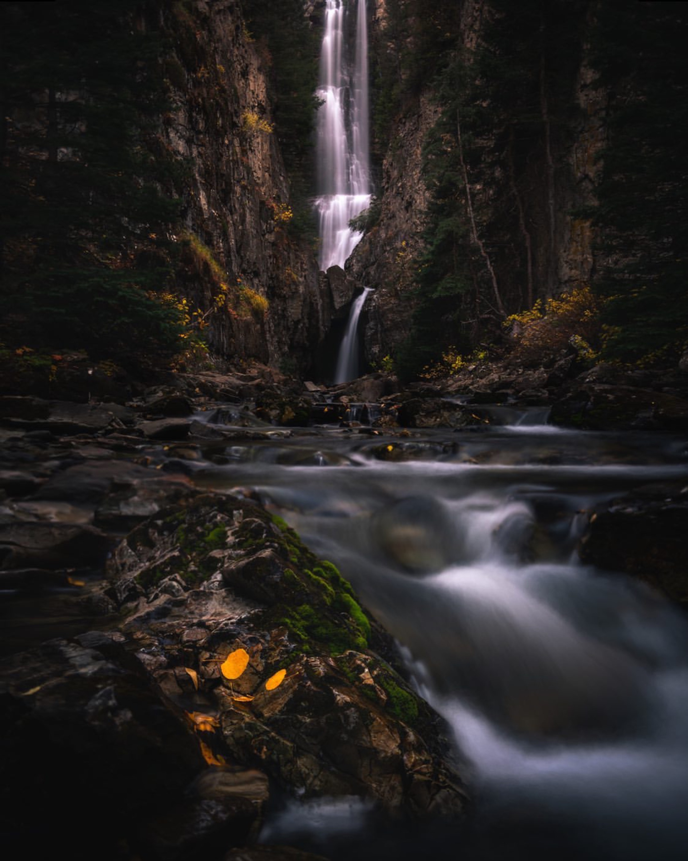 Tall waterfall flowing through a dark Colorado forest in fall