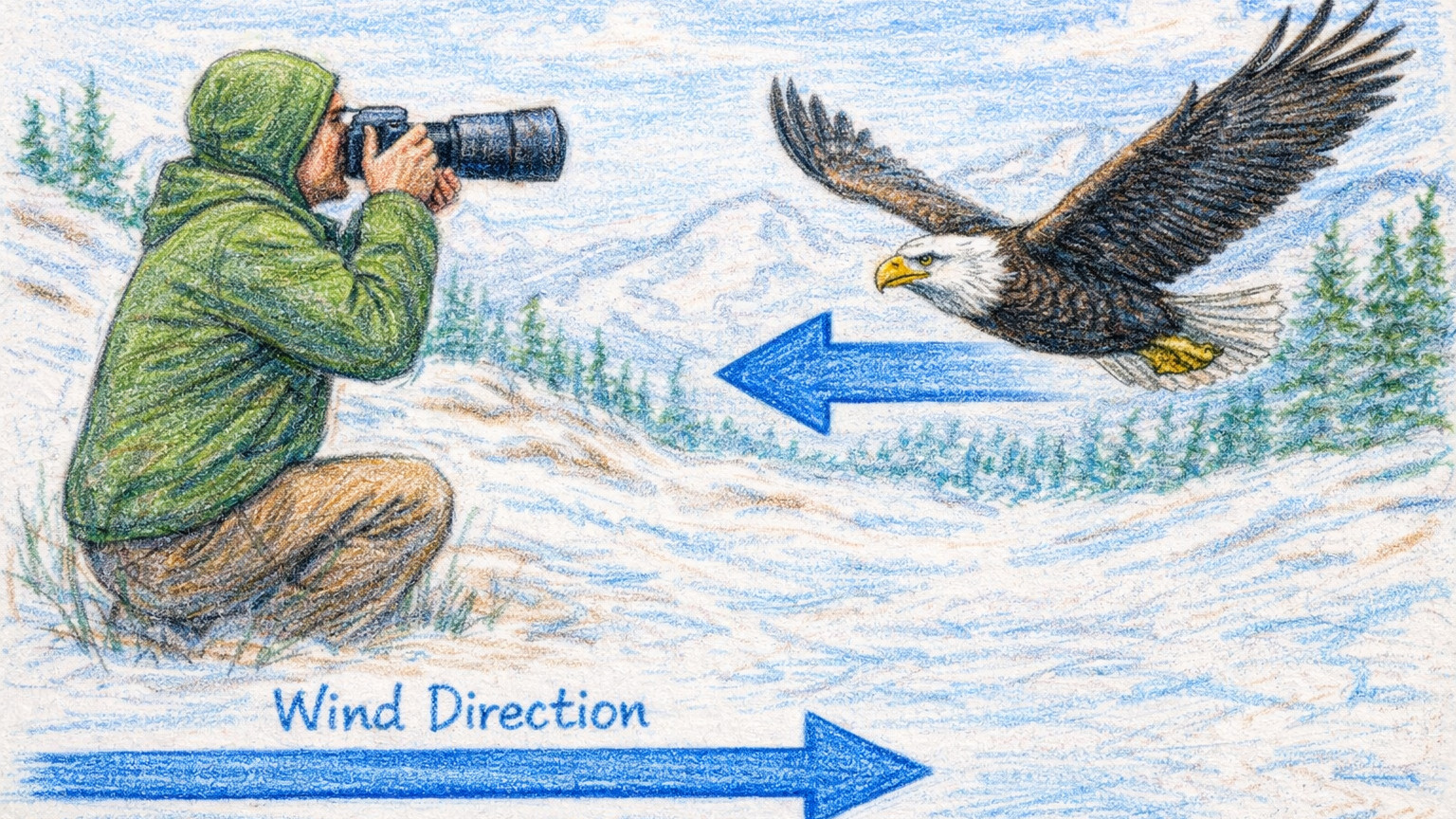 Field illustration showing a photographer positioning for an eagle flying into the wind