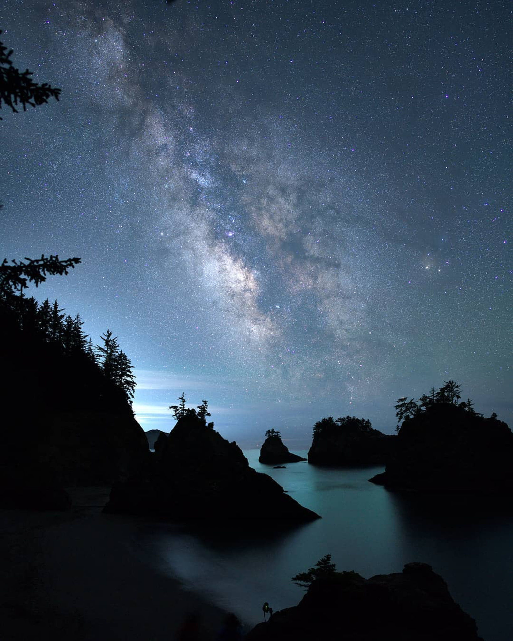 Milky Way above Secret Beach sea stacks photographed by student Roger K.
