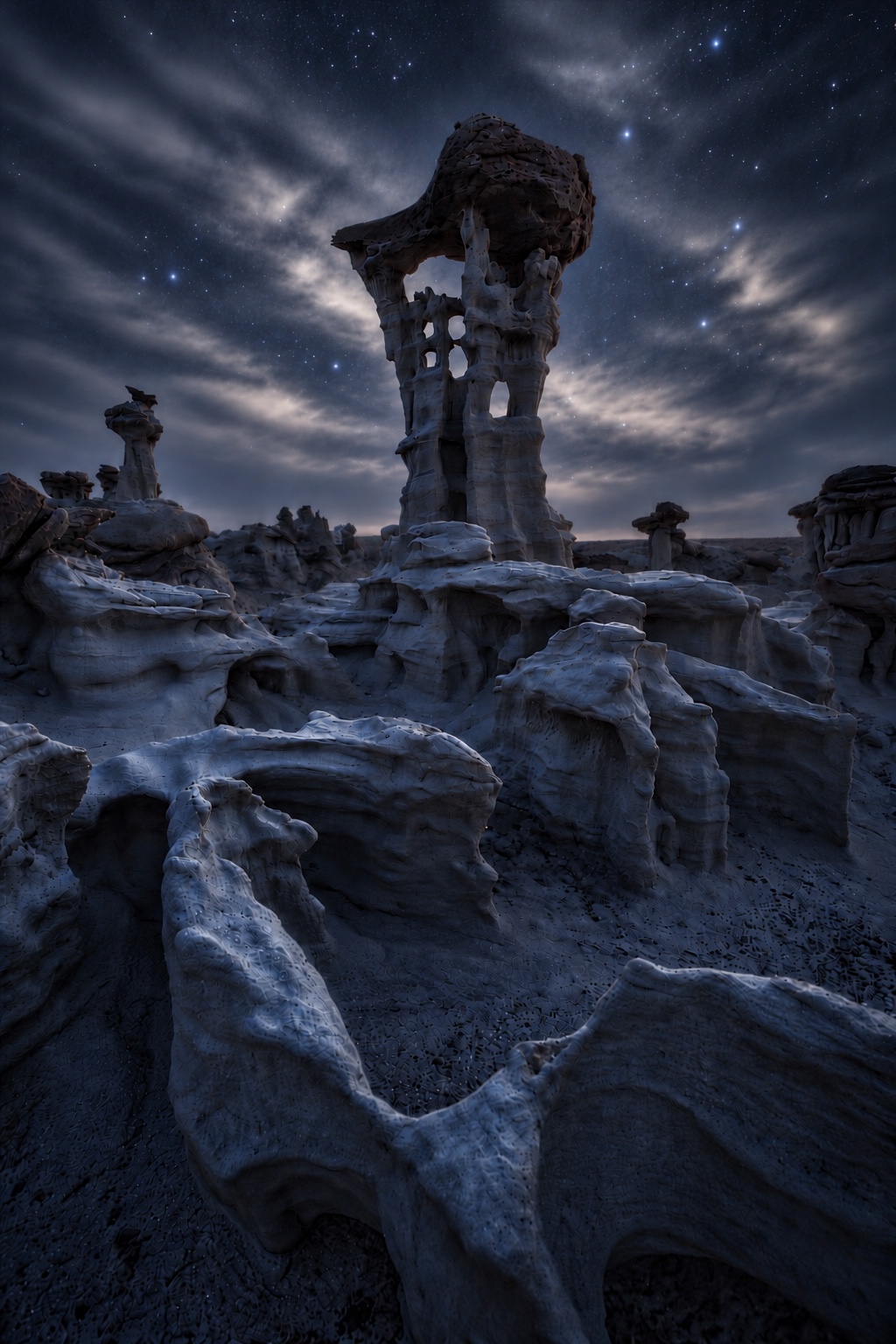 A Bisti hoodoo under stars and flowing clouds