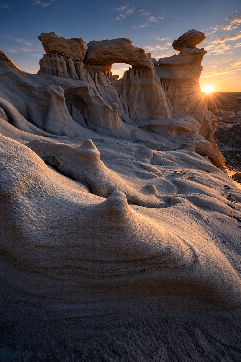 Sunrise breaking beside sculpted sandstone arches in the Bisti Badlands