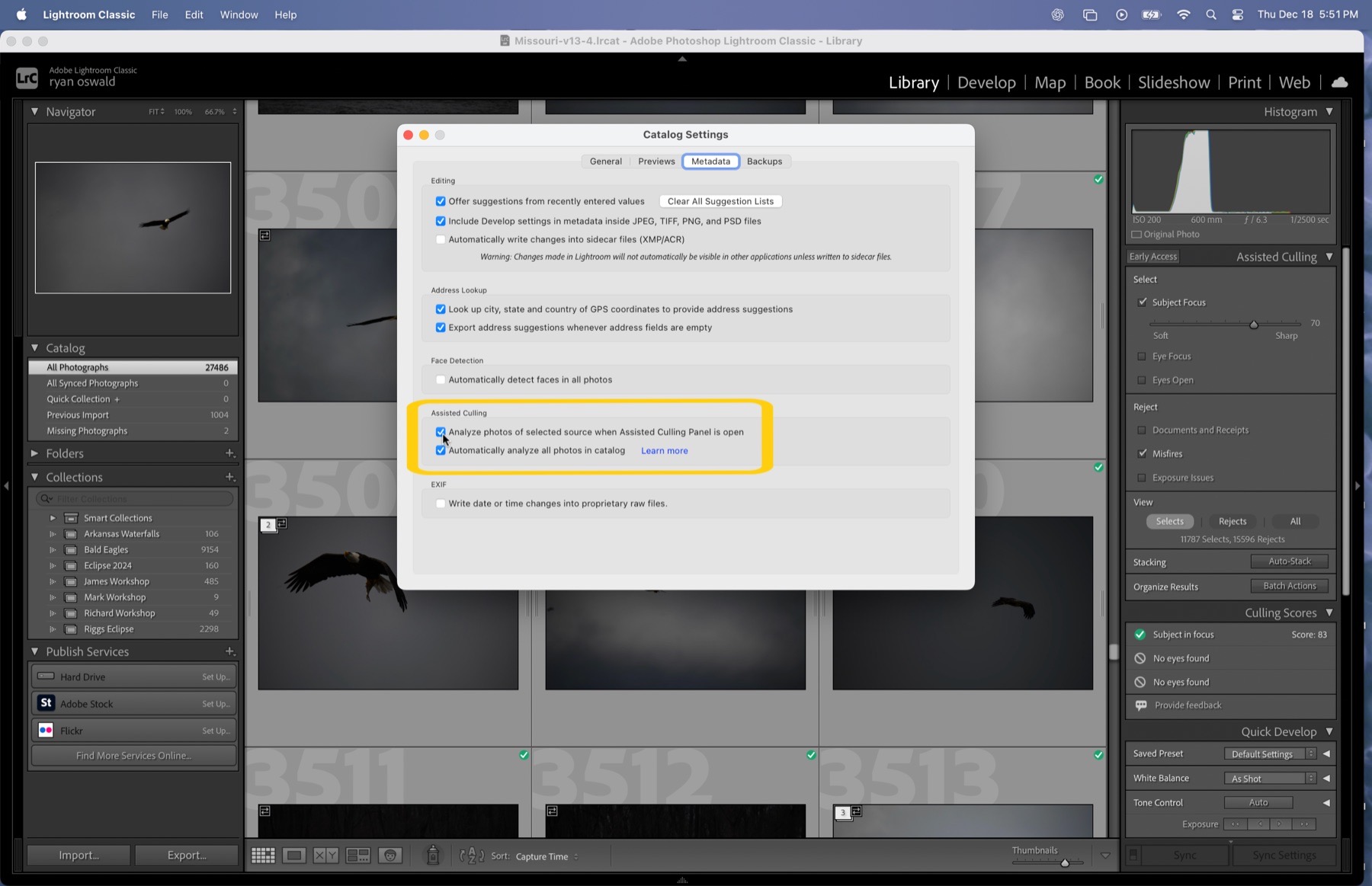 Lightroom Classic Catalog Settings showing the Assisted Culling option enabled under Metadata