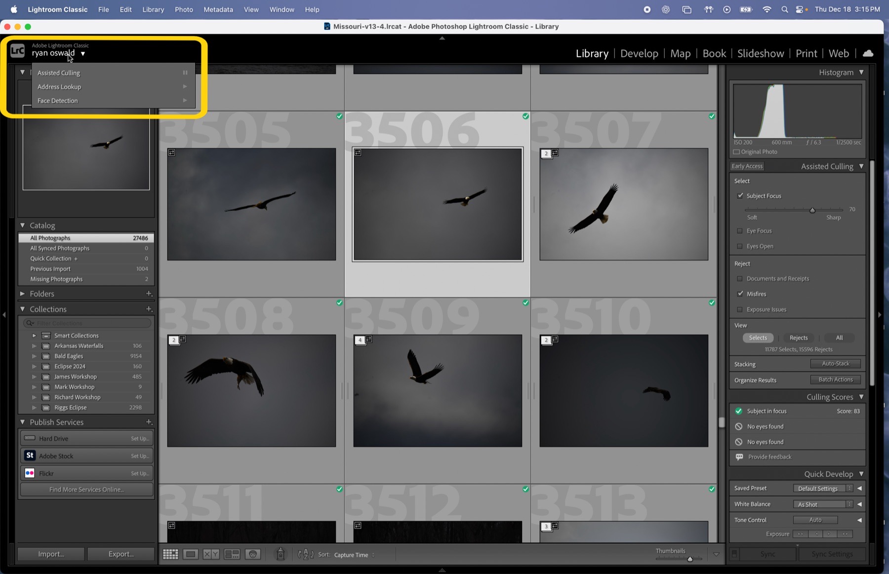 Lightroom Classic Library module with the Identity Plate menu highlighted where Auto Analysis is turned on