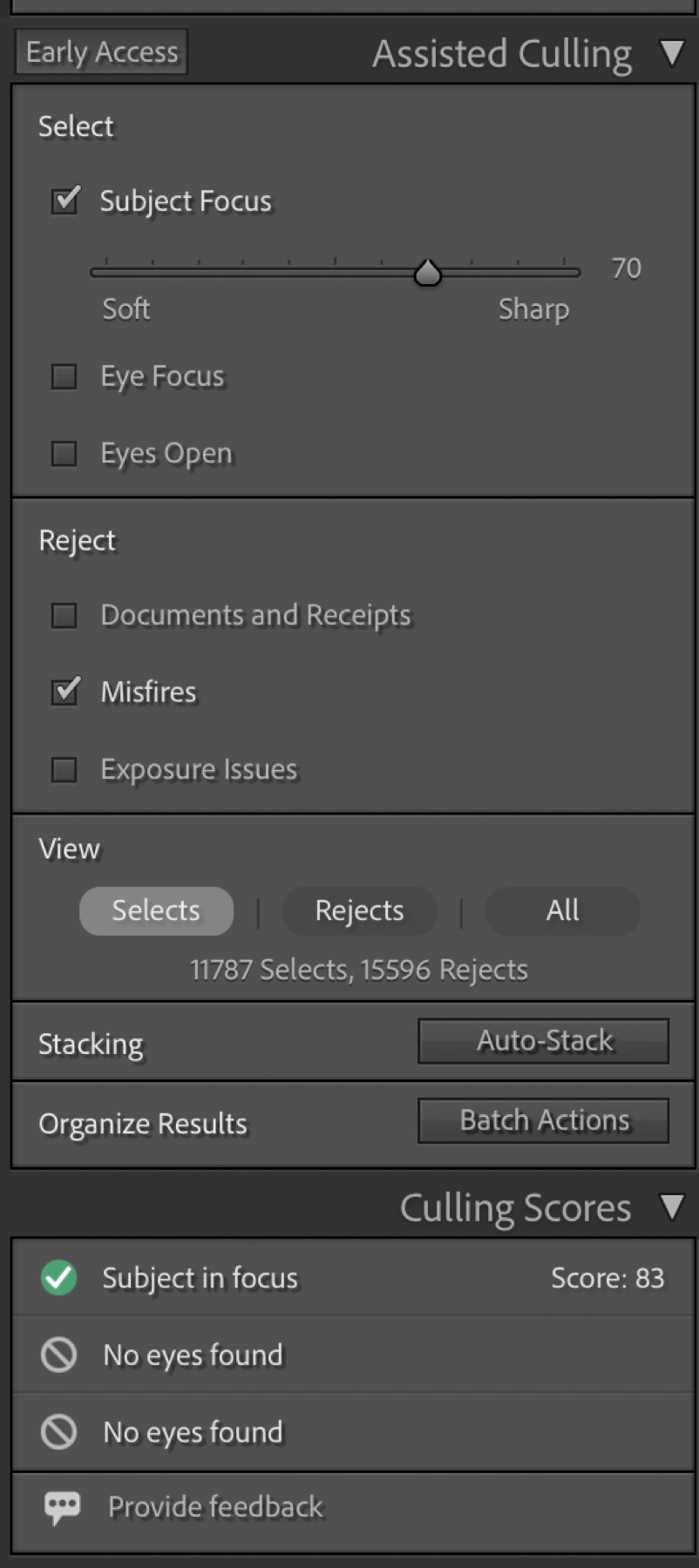 Lightroom Classic Assisted Culling panel showing Subject Focus slider and reject options like Misfires and Exposure Issues