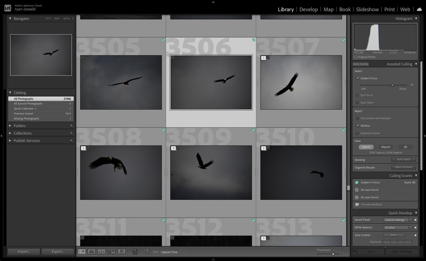 Lightroom Classic screen with eagle photographs during an online editing lesson