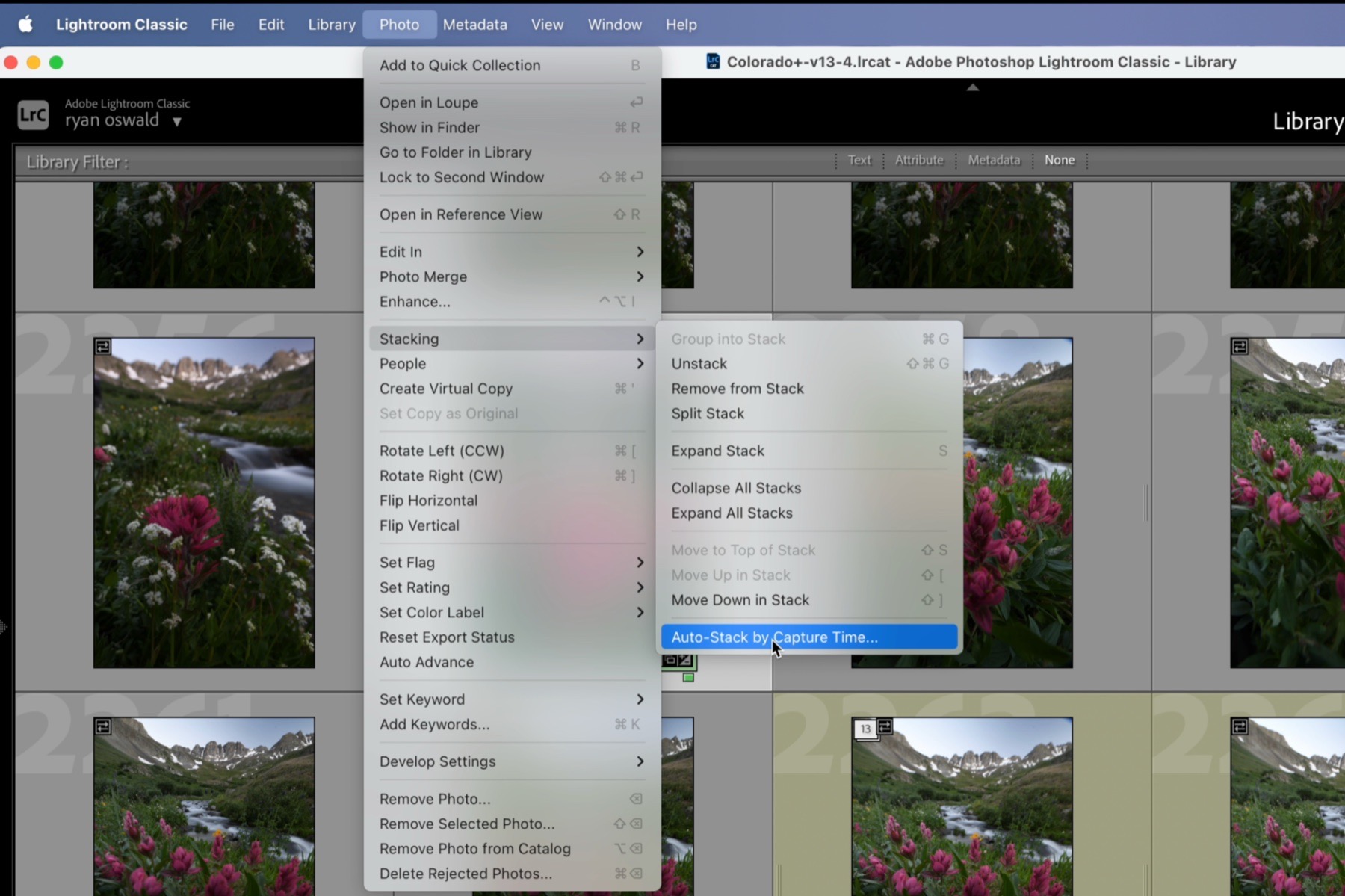 Lightroom Classic Photo menu showing Stacking and Auto-Stack by Capture Time