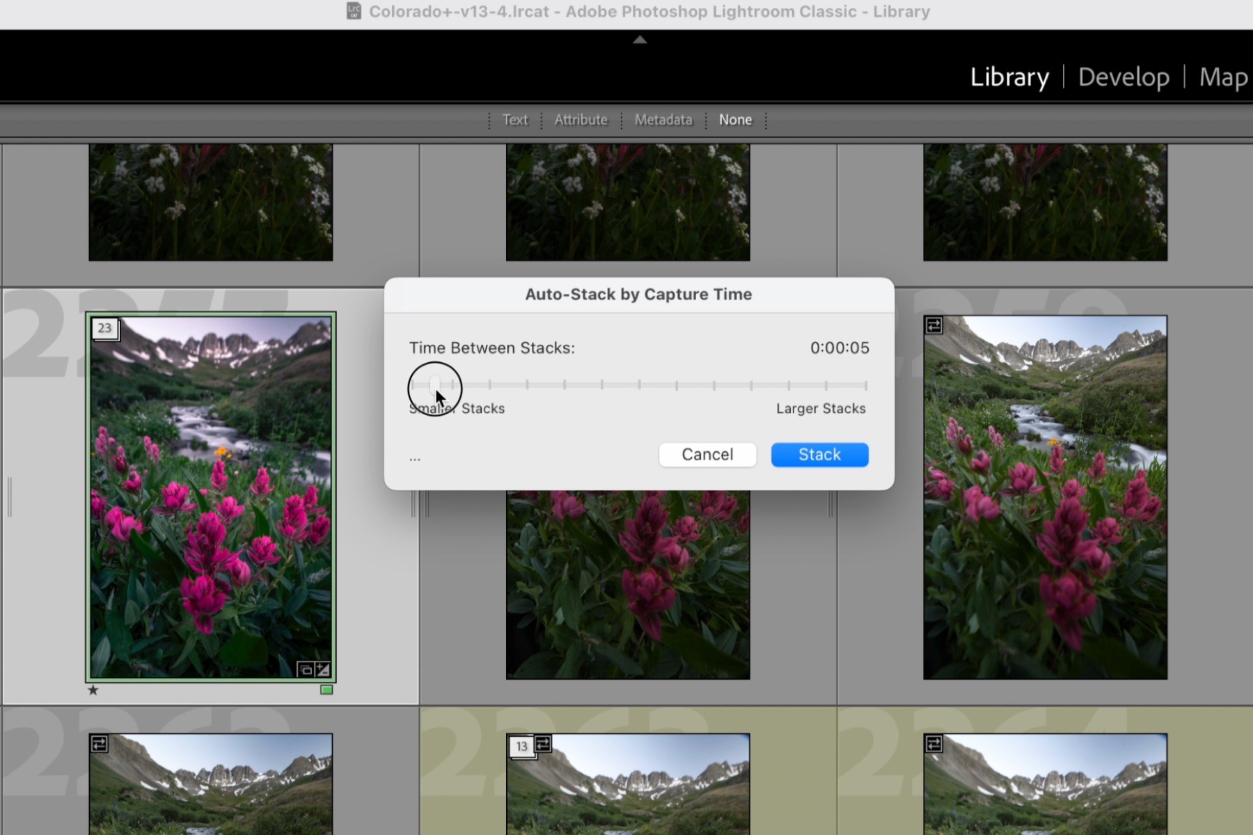 Lightroom Classic Auto-Stack by Capture Time dialog set to a five-second gap