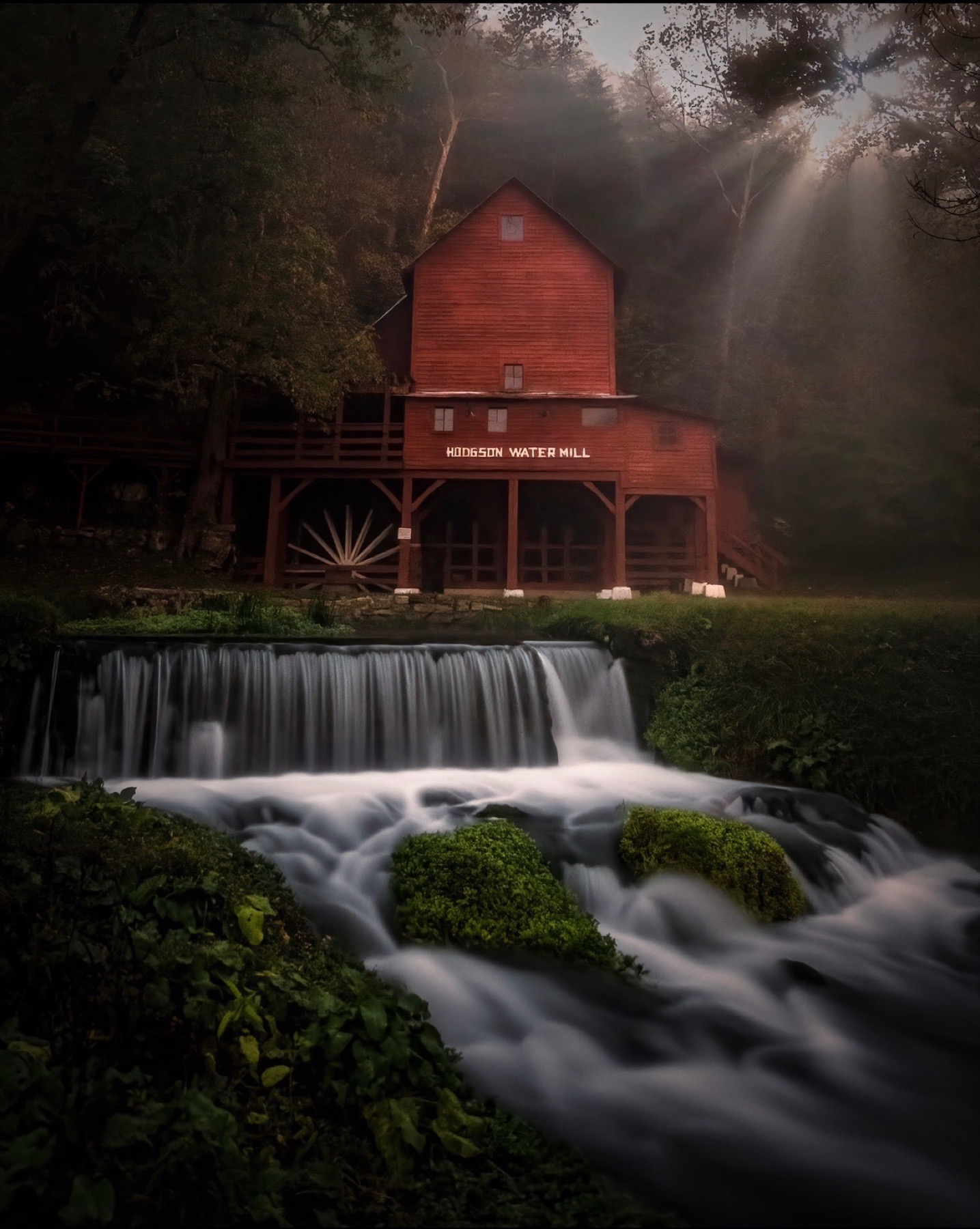Hodgson Water Mill under moonbeams in mist with flowing water in front