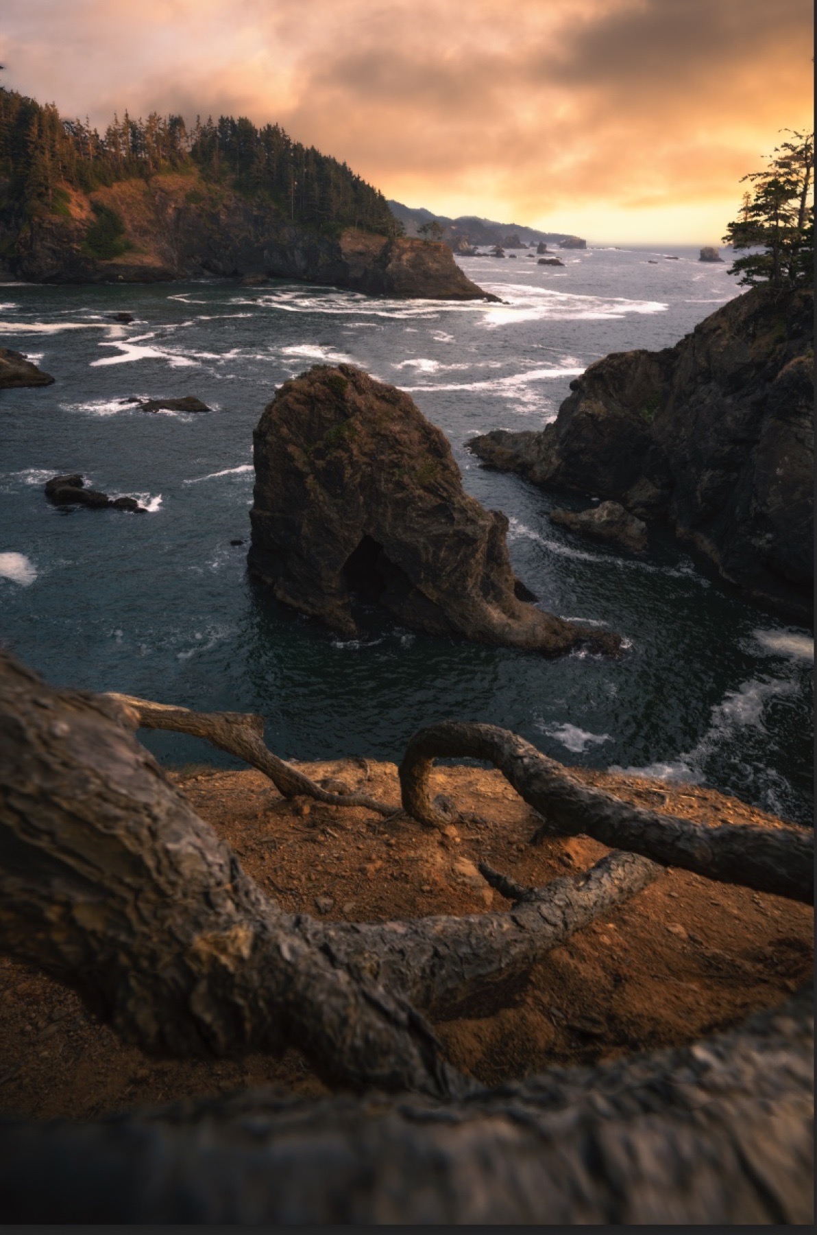 Oregon sea stacks reflected in wet sand at sunset