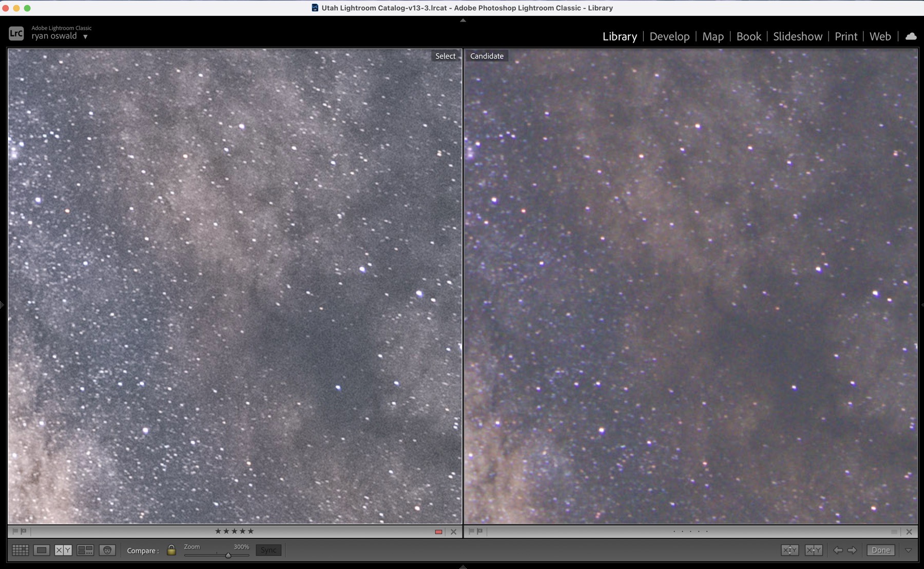 Lightroom comparison of Milky Way stacks made from RAW and TIFF source files