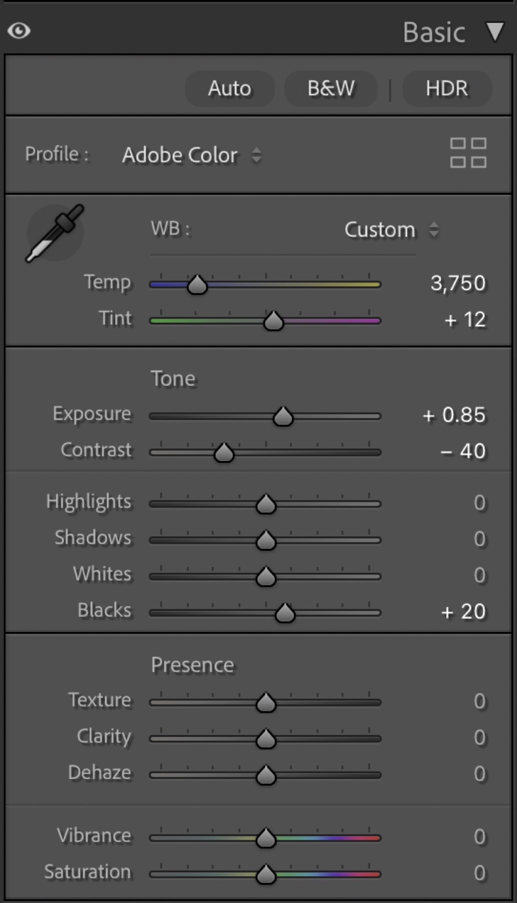 Lightroom Detail panel prepared for Starry Landscape Stacker