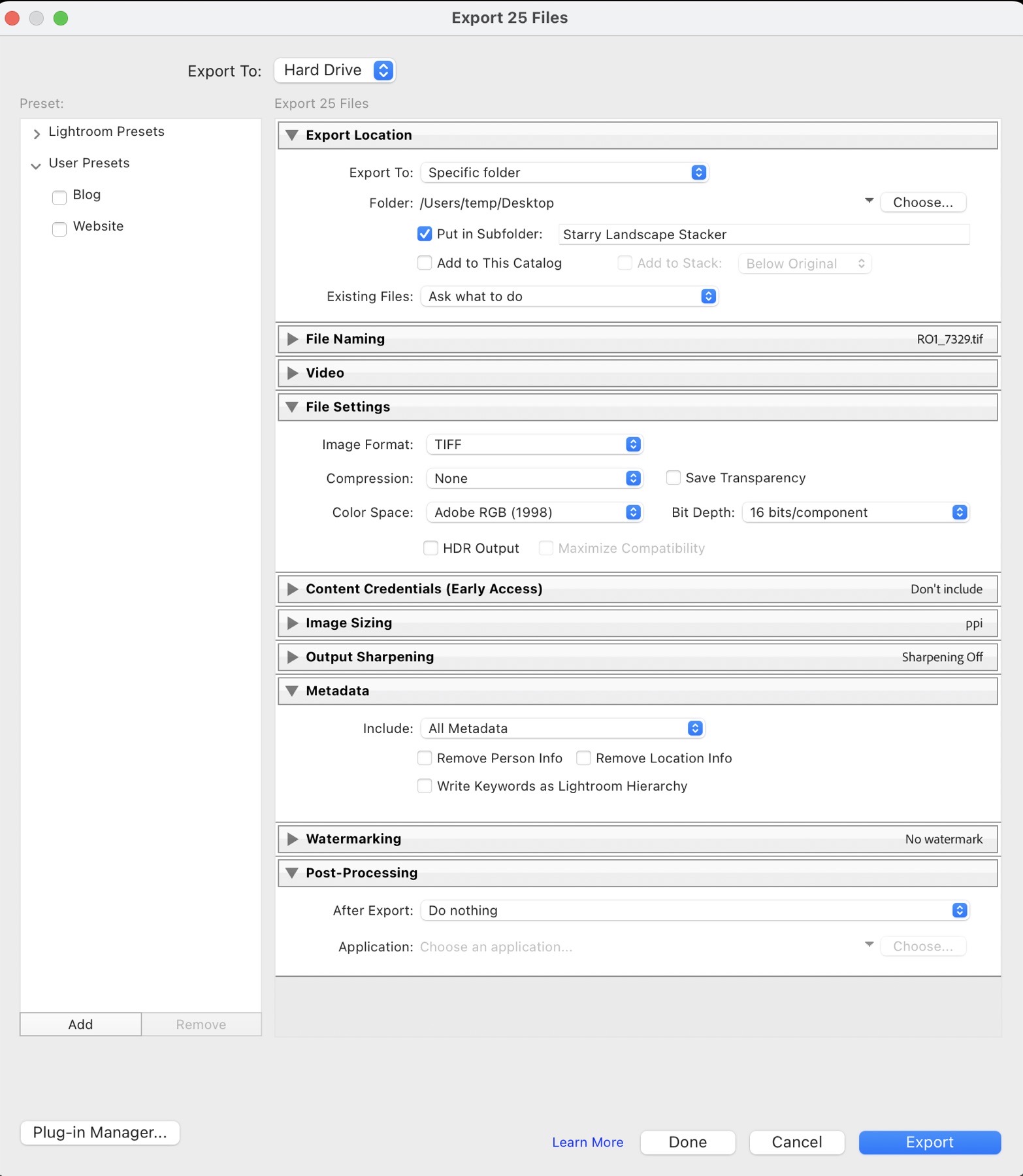 Lightroom TIFF export settings for Starry Landscape Stacker