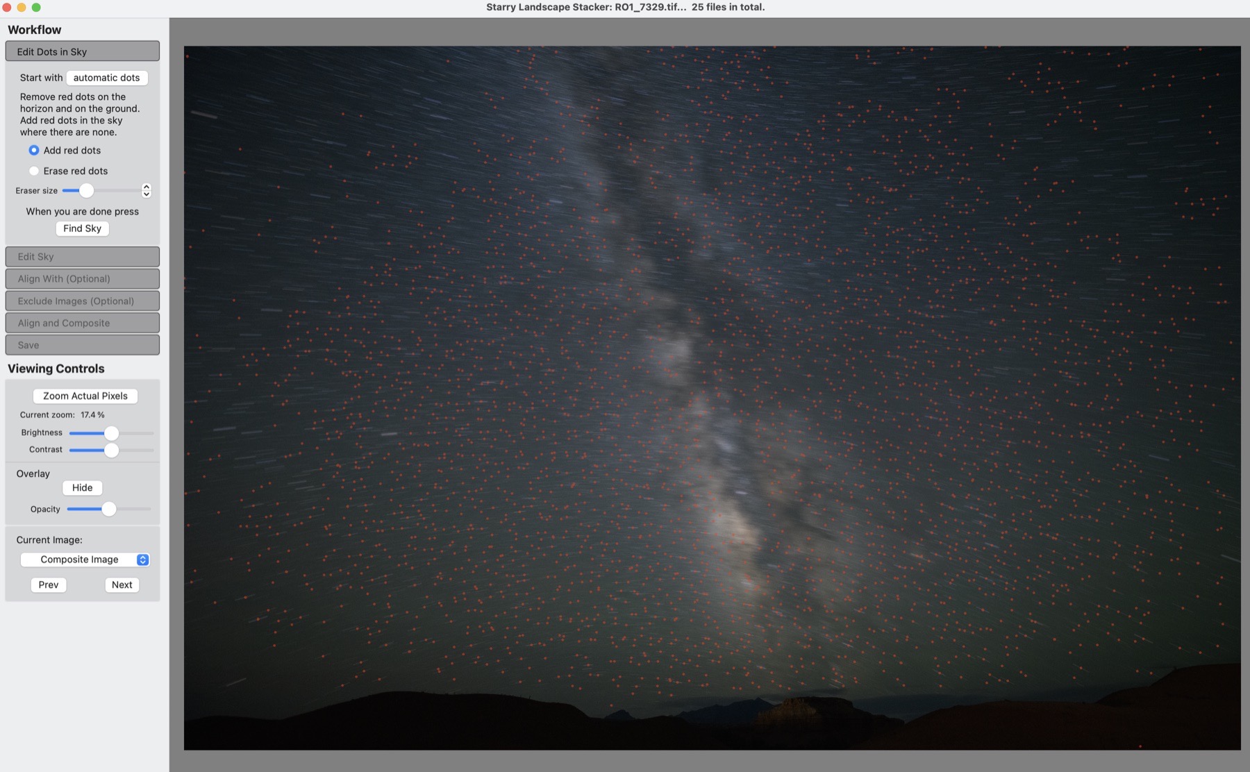 Red star-detection dots in Starry Landscape Stacker