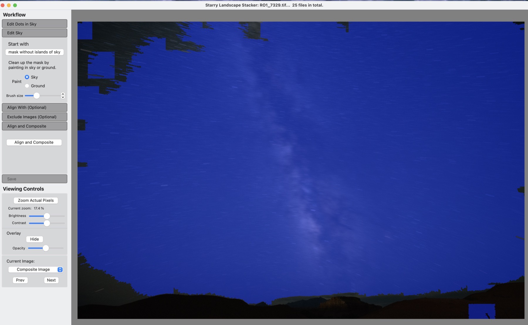 Blue sky mask above a dark foreground in Starry Landscape Stacker