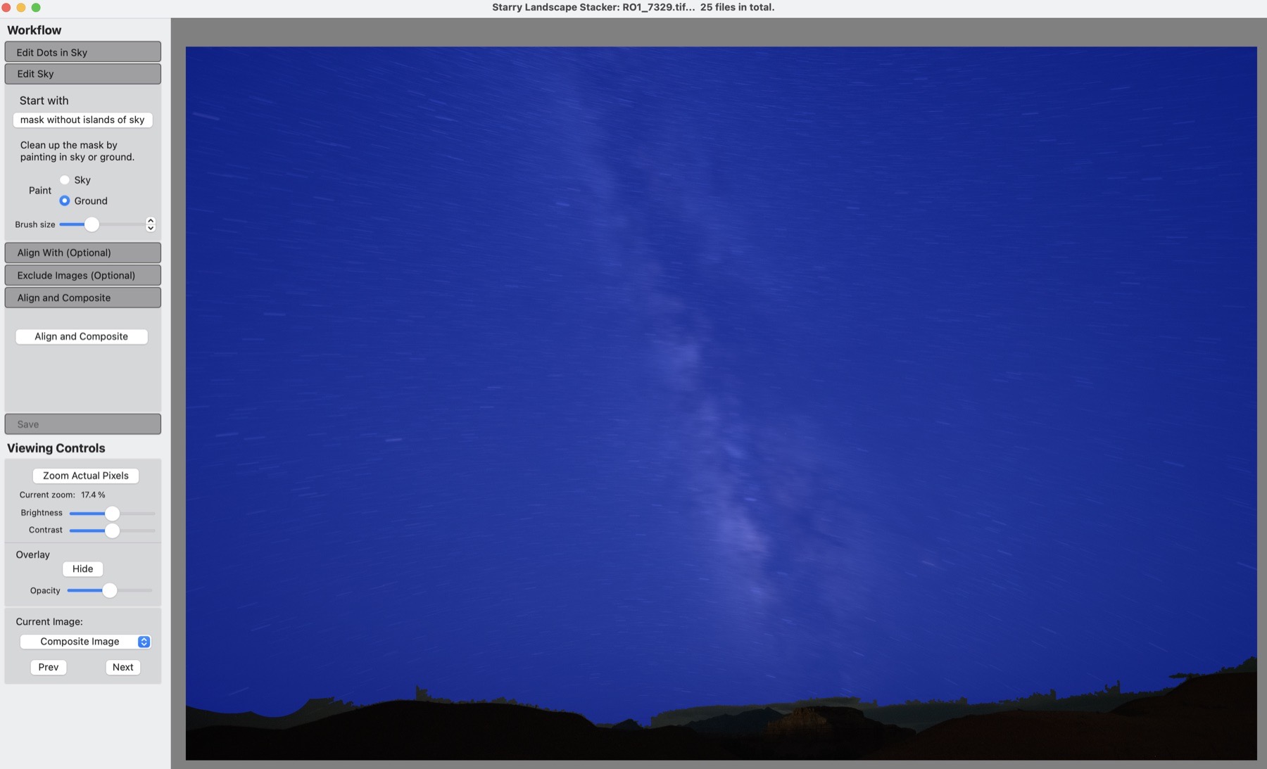 Sky mask refined around a desert ridgeline in Starry Landscape Stacker