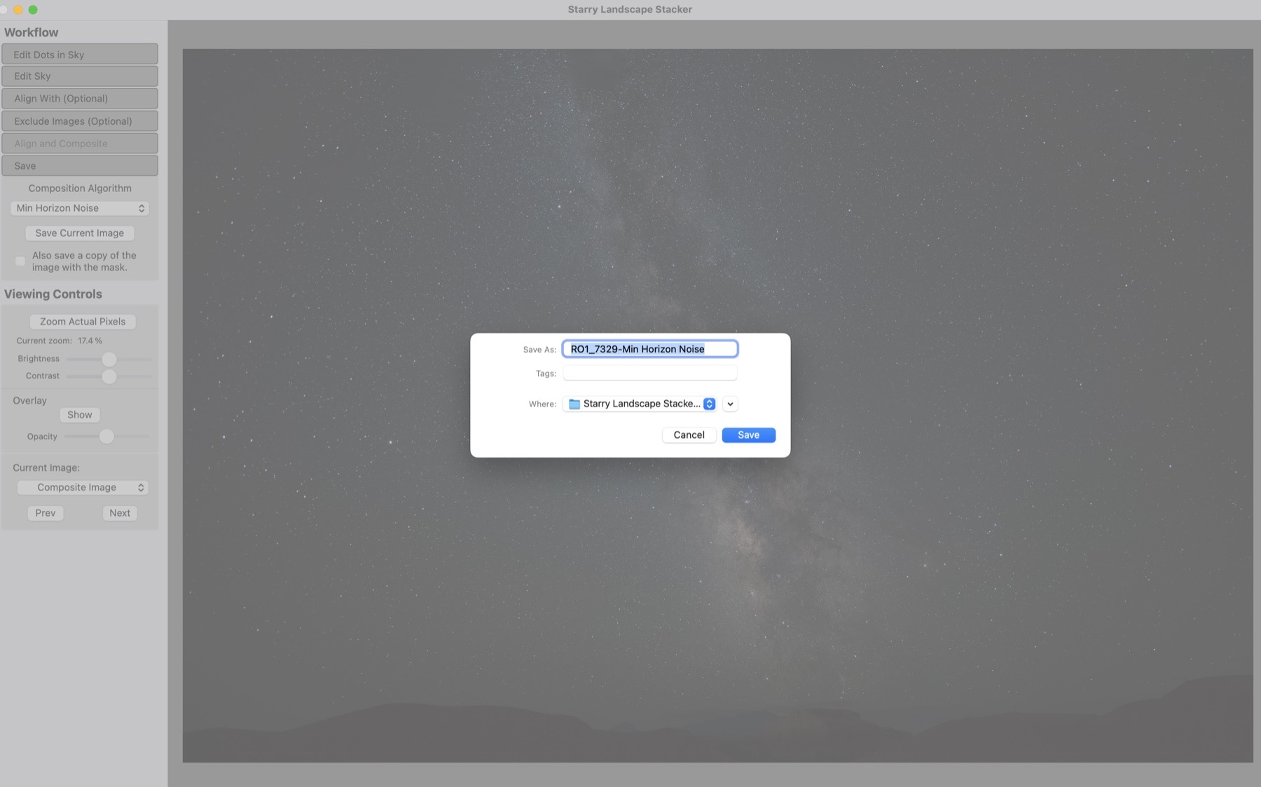 Save dialog for a Starry Landscape Stacker TIFF