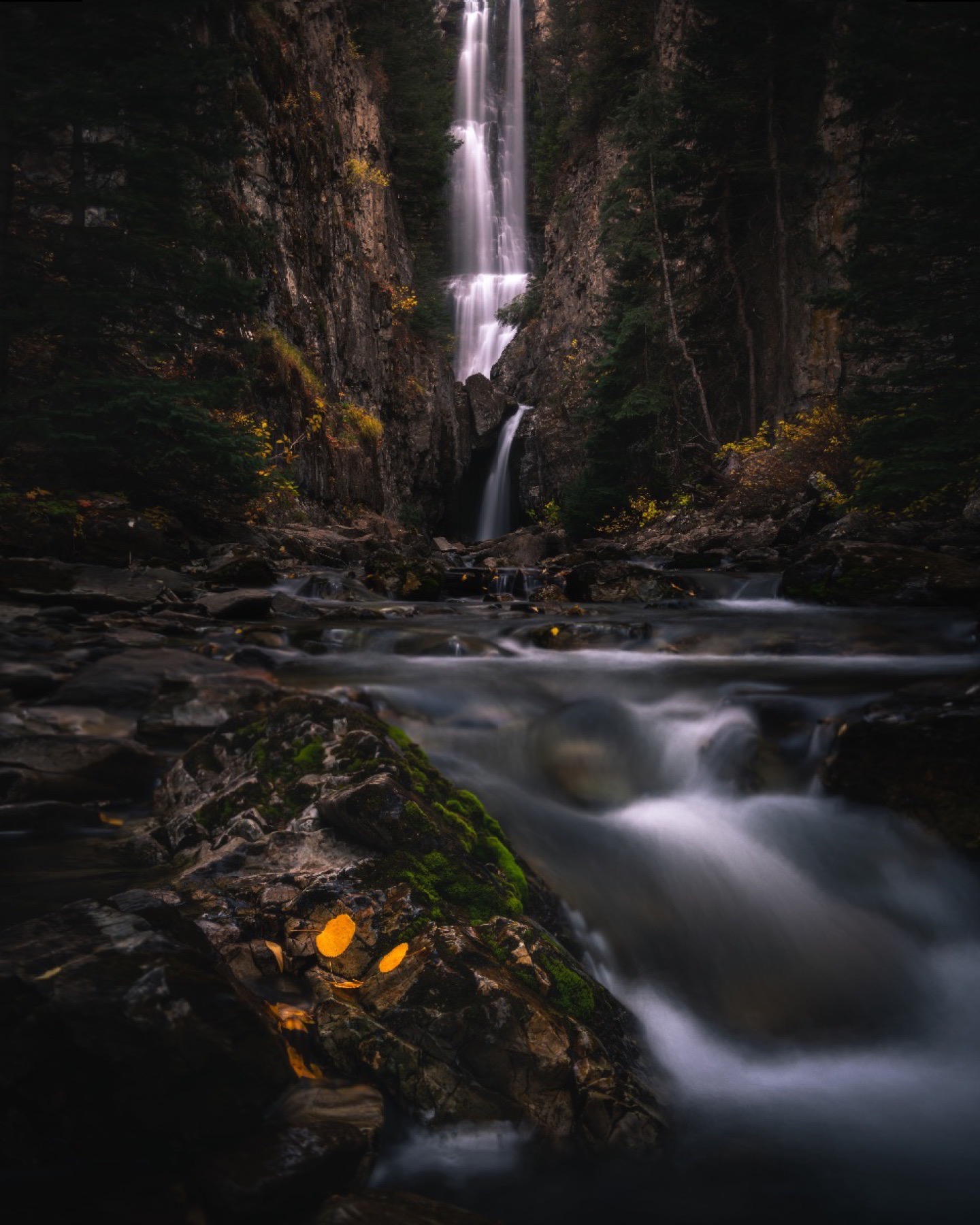 Colorado waterfall above a stream with a mossy foreground rock