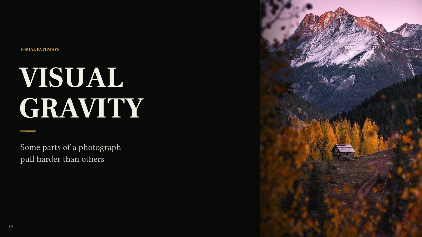 Colorado cabin, glowing aspens and mountain scene used to demonstrate the first pull of Visual Gravity.