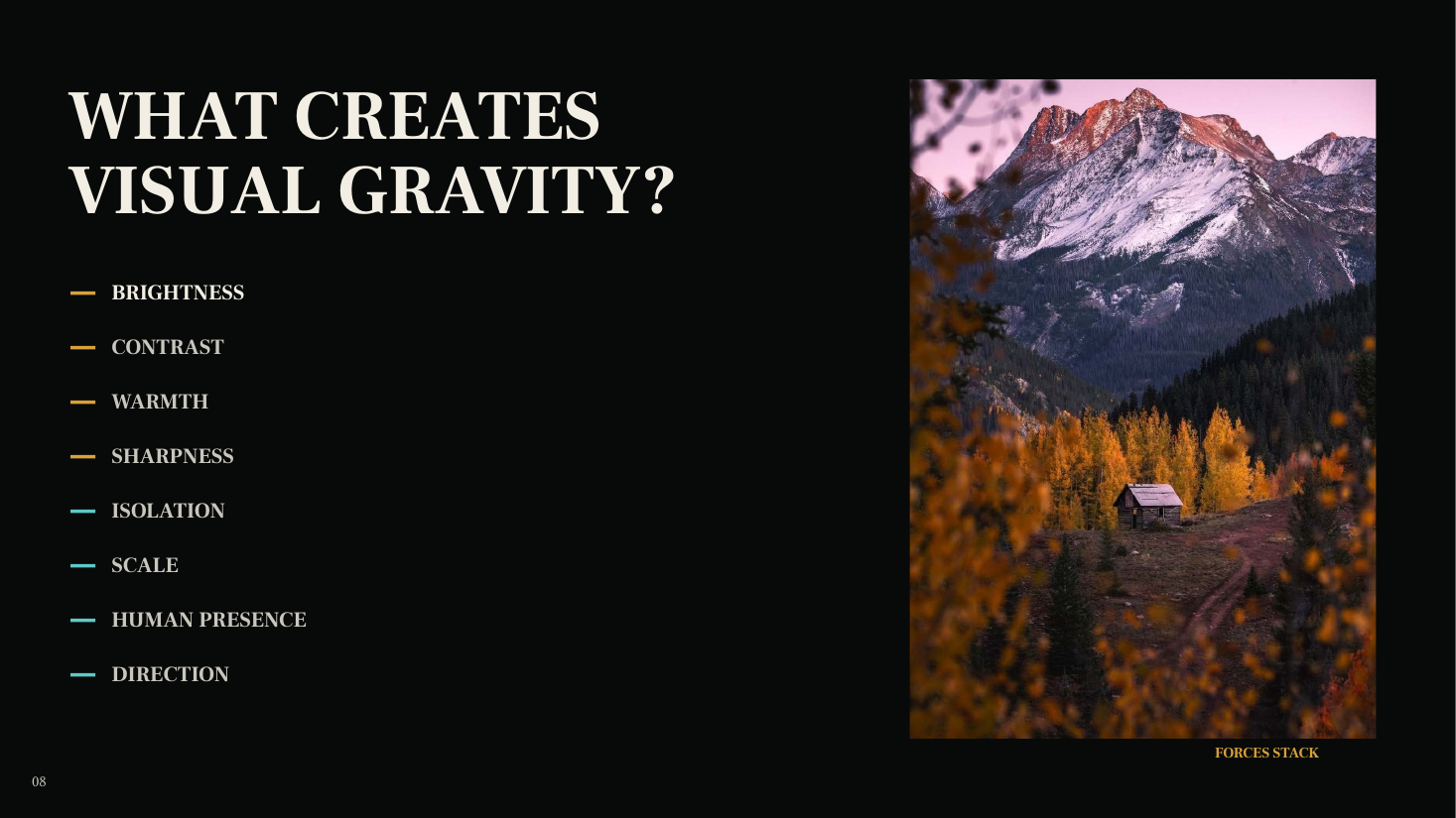 Presentation visual showing brightness, contrast, warmth, sharpness, isolation, scale and direction as forces of Visual Gravity.